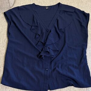Navy Blue Ruffle Blouse V Neck Feminine Romantic Office Lightweight Top XXL